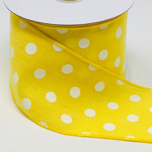 10 Yards - 2.5” Wired Yellow and White Polka Dot Ribbon