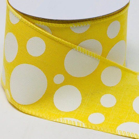 10 Yards - 2.5” Wired Yellow and White Polka Dot Ribbon