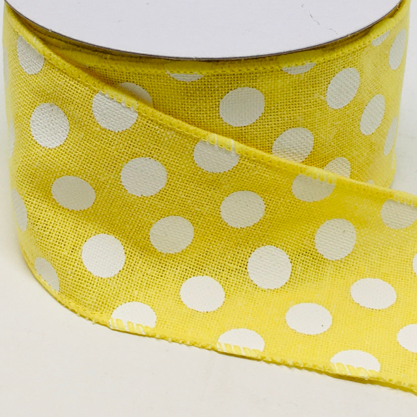 10 Yards - 2.5” Wired Yellow and White Polka Dot Ribbon