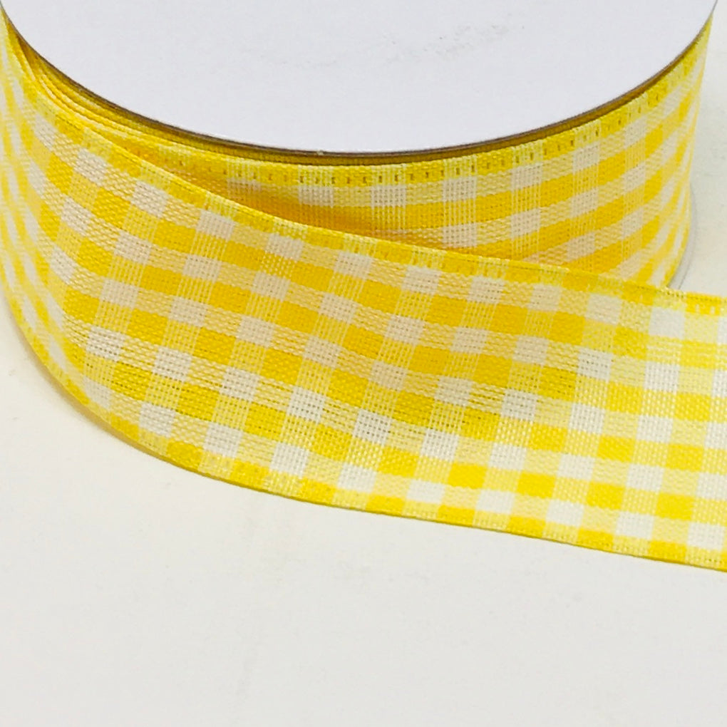 10 Yards - 1.5” Wired Yellow and White Gingham Check Ribbon