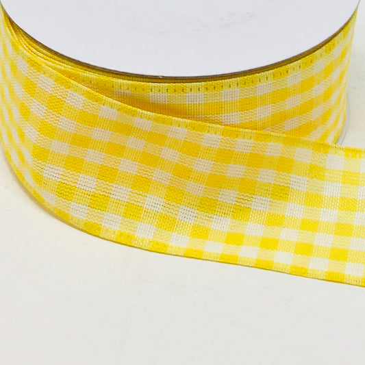 10 Yards - 1.5” Wired Yellow and White Gingham Check Ribbon