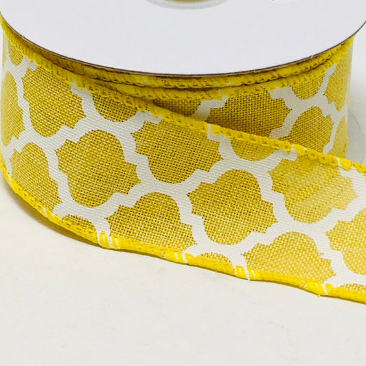 10 Yards - 1.5” Wired Yellow and White Quatrefoil Ribbon