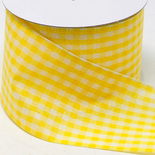 10 Yards - 2.5” Wired Yellow and White Gingham Check Ribbon