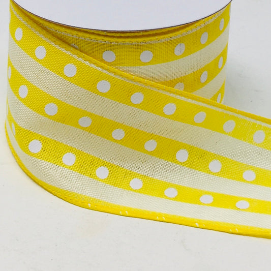 10 Yards - 2.5” Wired Yellow, Cream, and White Polka Dot Stripe Ribbon