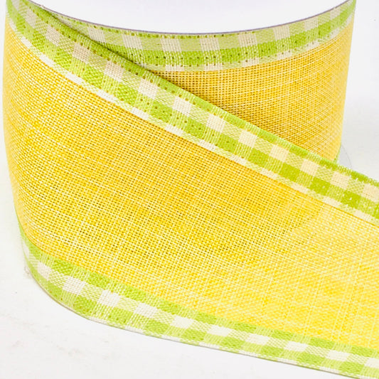 10 Yards - 2.5” Wired Yellow with Green and White Gingham Check Edge Ribbon