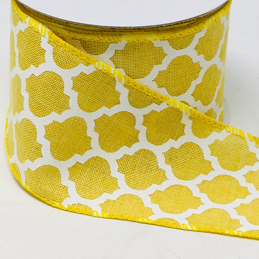 10 Yards - 2.5” Wired Yellow and White Quatrefoil Ribbon