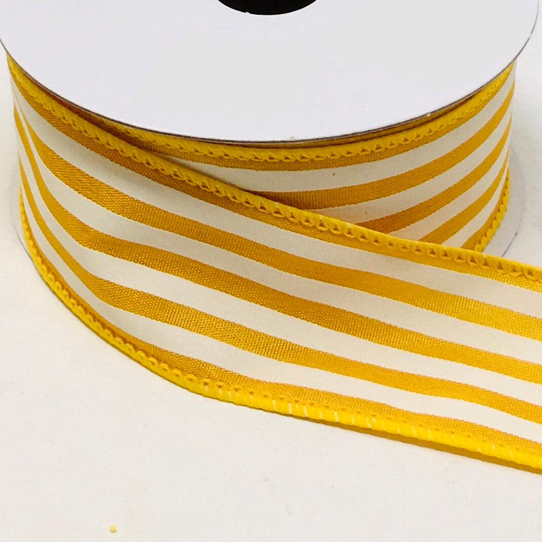 10 Yards - 1.5” Wired Mustard Yellow and White Stripe Ribbon