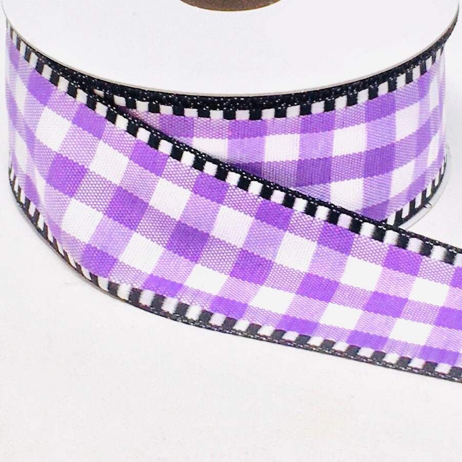 10 Yards - 1.5” Wired Lavender and White Check Ribbon with Black and White Stripe Edge