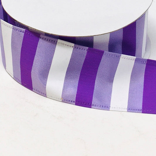 10 Yards - 1.5" Wired Purple, Lavender, and White Stripe Ribbon