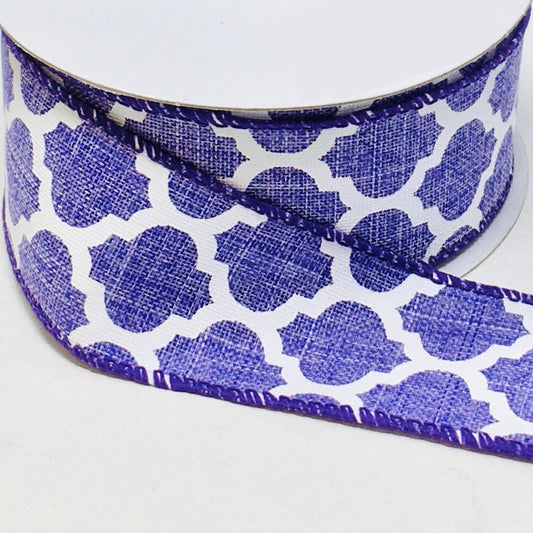 10 Yards - 1.5" Wired Lavender and White Quatrefoil Ribbon