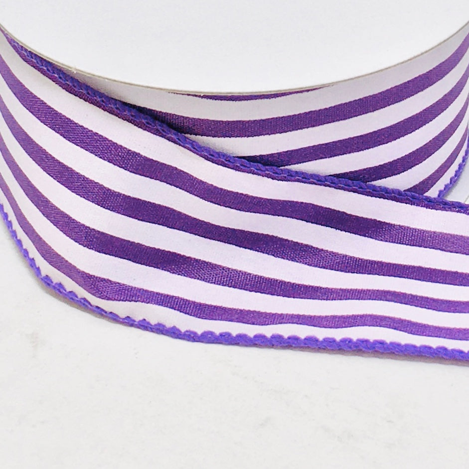 10 Yards - 1.5” Wired Purple and White Stripe Ribbon