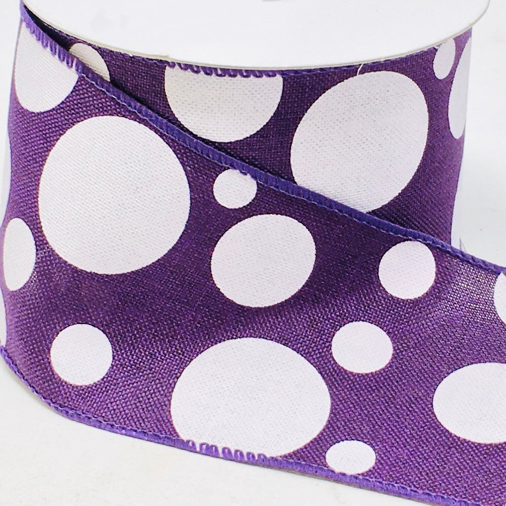 10 Yards - 2.5" Wired Purple and White Polka Dot Ribbon