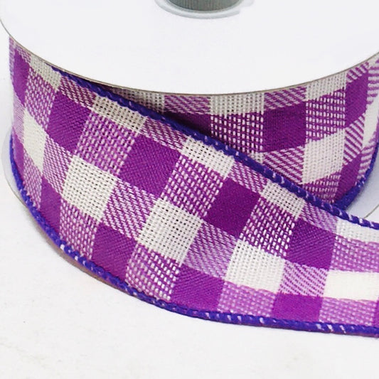 10 Yards - 1.5” Wired Purple and Cream Check Ribbon