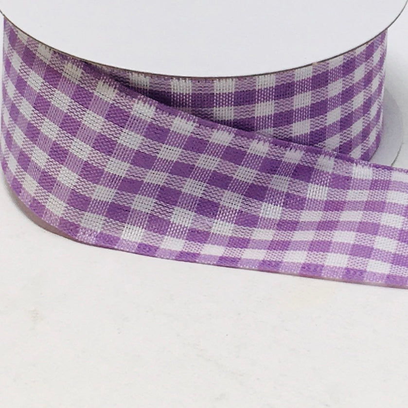 10 Yards - 1.5” Wired Lavender and White Gingham Check Ribbon