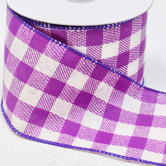 10 Yards - 2.5" Wired Purple and Cream Check Ribbon