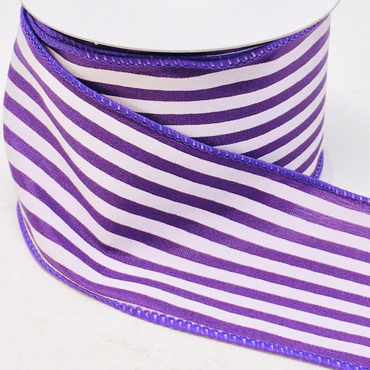 10 Yards - 2.5" Wired Purple and White Stripe Ribbon