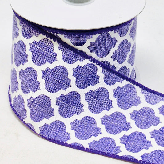 10 Yards - 2.5" Wired Lavender and White Quatrefoil Ribbon