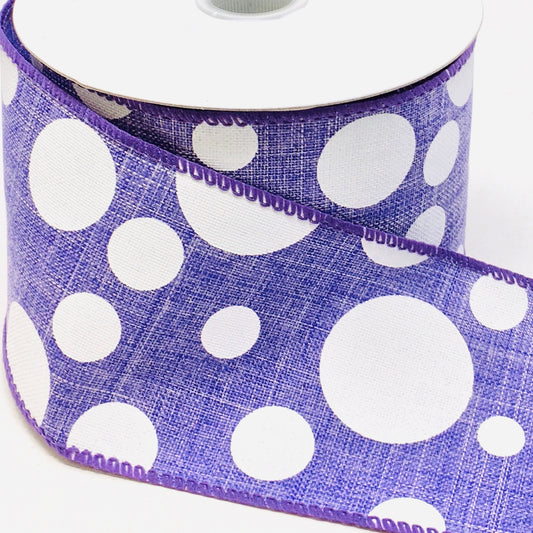 10 Yards - 2.5" Wired Lavender and White Polka Dot Ribbon