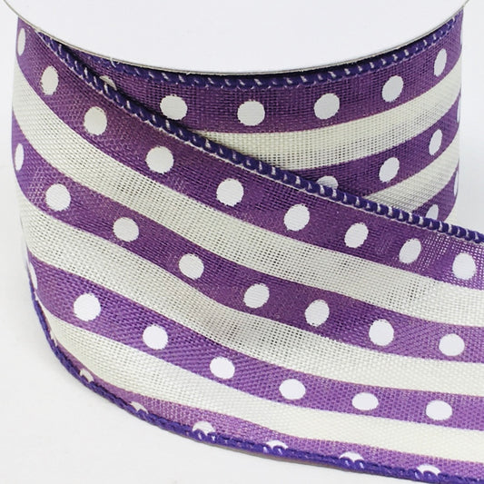 10 Yards - 2.5" Wired Purple, Cream, and White Stripe Dot Ribbon