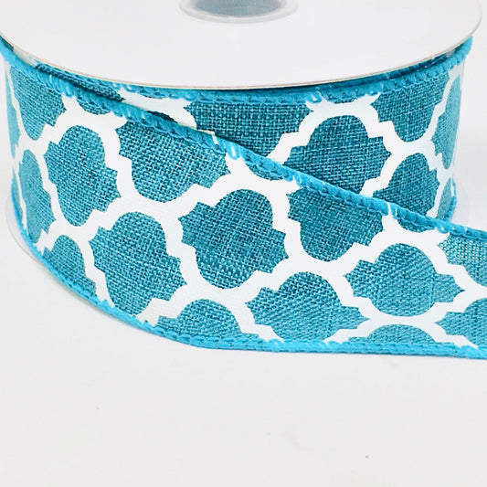 10 Yards - 1.5” Wired Teal and White Quatrefoil Ribbon