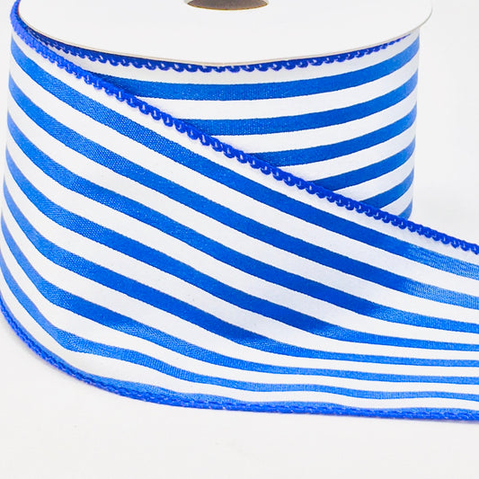 10 Yards - 2.5" Wired Royal Blue and White Ribbon Stripe Ribbon