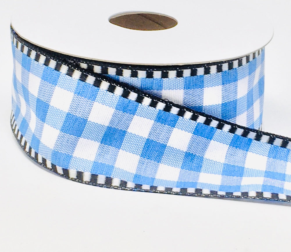 10 Yards - 1.5" Wired Blue and White Check Ribbon with Black and White Edge