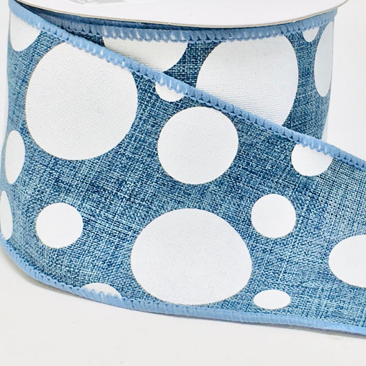 10 Yards - 2.5" Wired Denim and White Polka Dot Ribbon