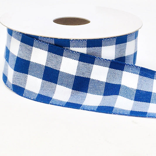 10 Yards - 1.5" Wired Navy Blue and White Check Ribbon