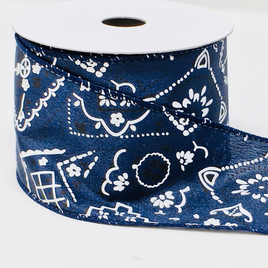 10 Yards - 2.5" Wired Navy Blue and White Bandana Ribbon