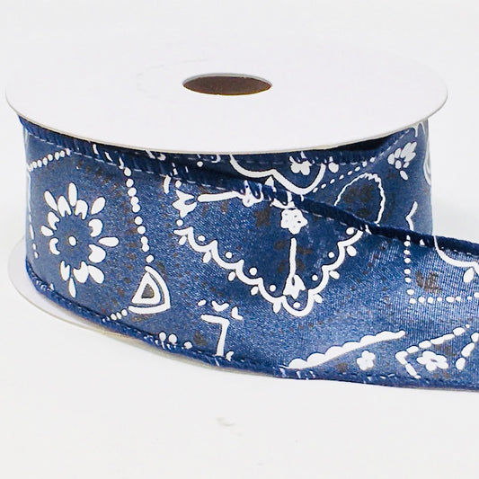 10 Yards - 1.5" Wired Navy Blue and White Bandana Ribbon