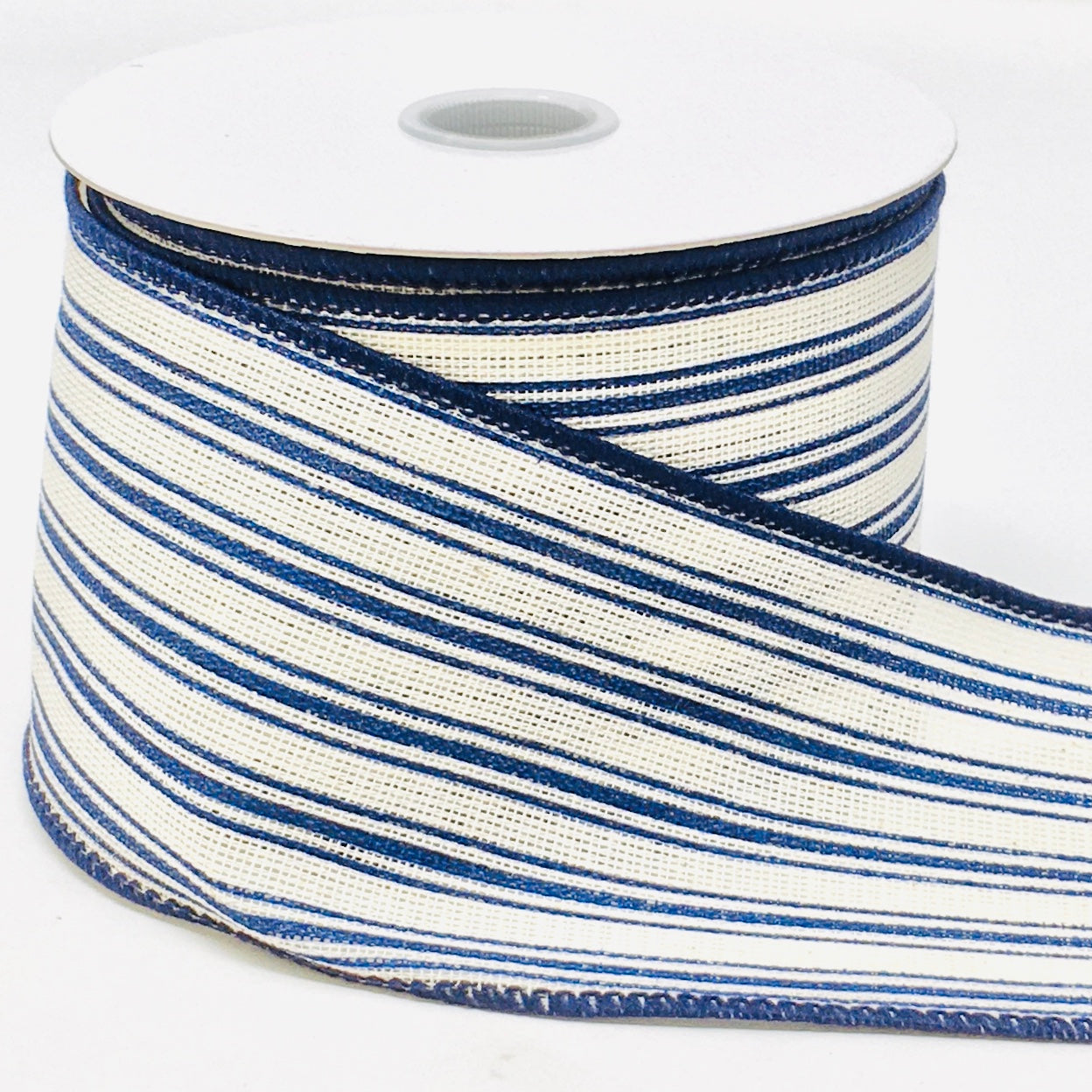 10 Yards - 2.5" Wired Navy Blue Ticking Stripes Ribbon