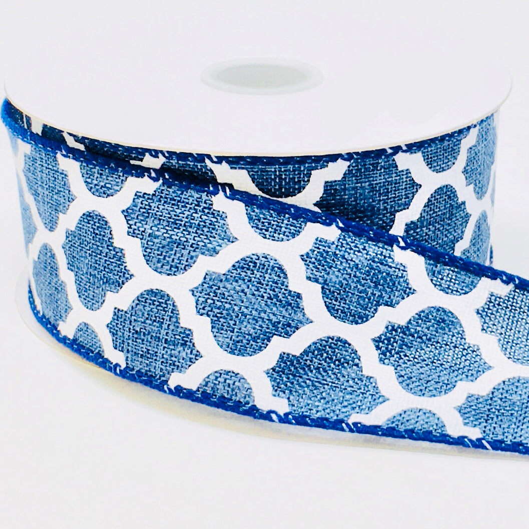 10 Yards - 1.5" Wired Navy Blue and White Quatrefoil Ribbon