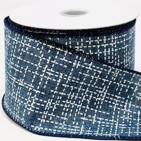 10 Yards - 2.5" Wired Navy Blue and White Abstract Stripe Ribbon