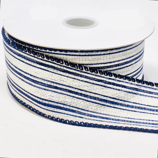 10 Yards - 1.5" Wired Navy Blue Ticking Stripes Ribbon