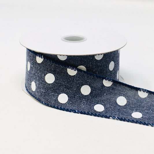 10 Yards - 1.5" Wired Navy Blue and White Polka Dot Ribbon