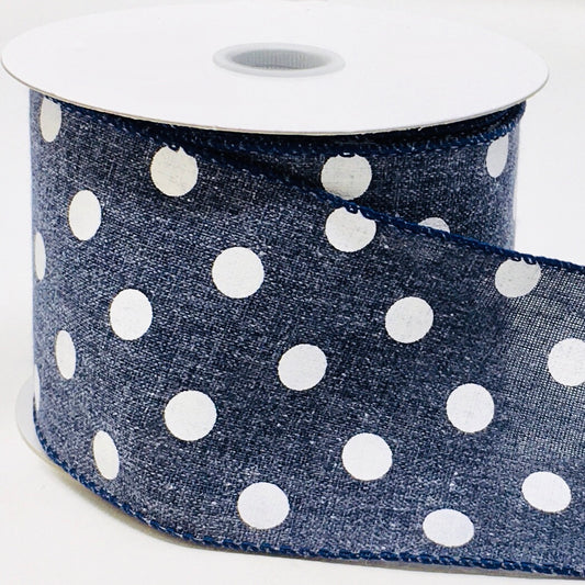 10 Yards - 2.5" Wired Navy Blue and White Polka Dot Ribbon