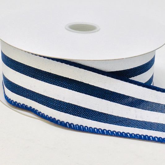 10 Yards - 1.5" Wired Navy Blue and White Stripe Ribbon