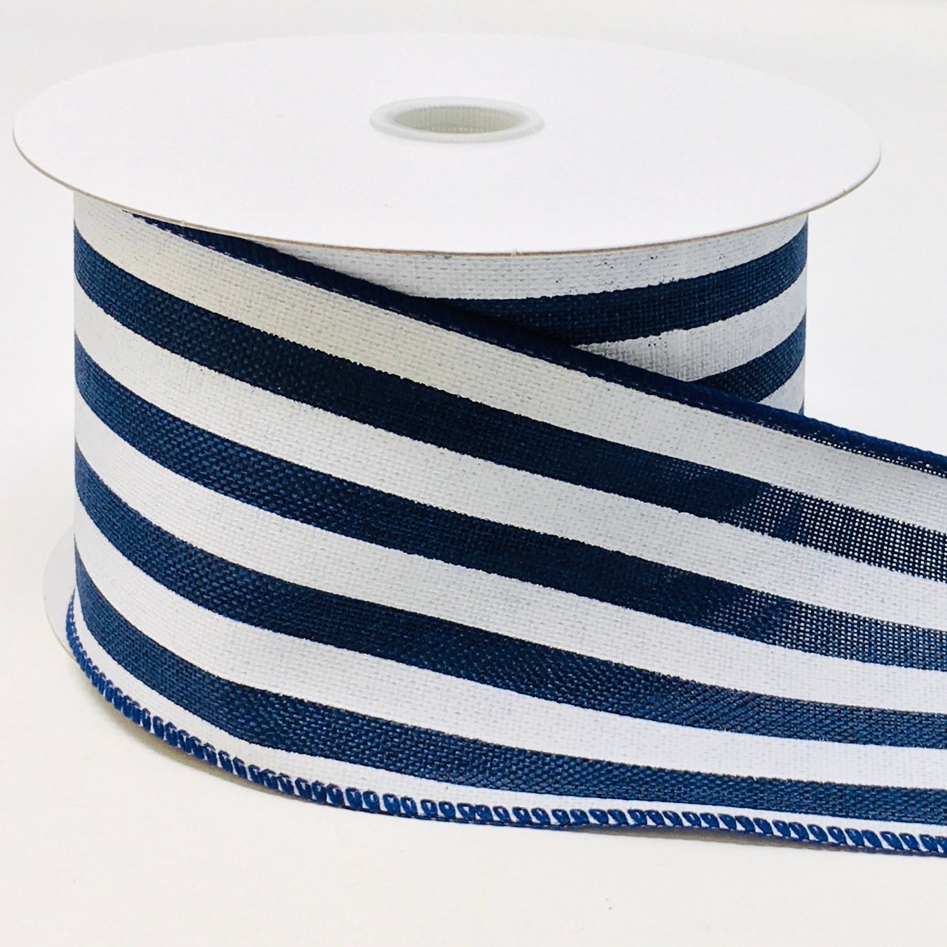 10 Yards - 2.5" Wired Navy Blue and White Stripe Ribbon