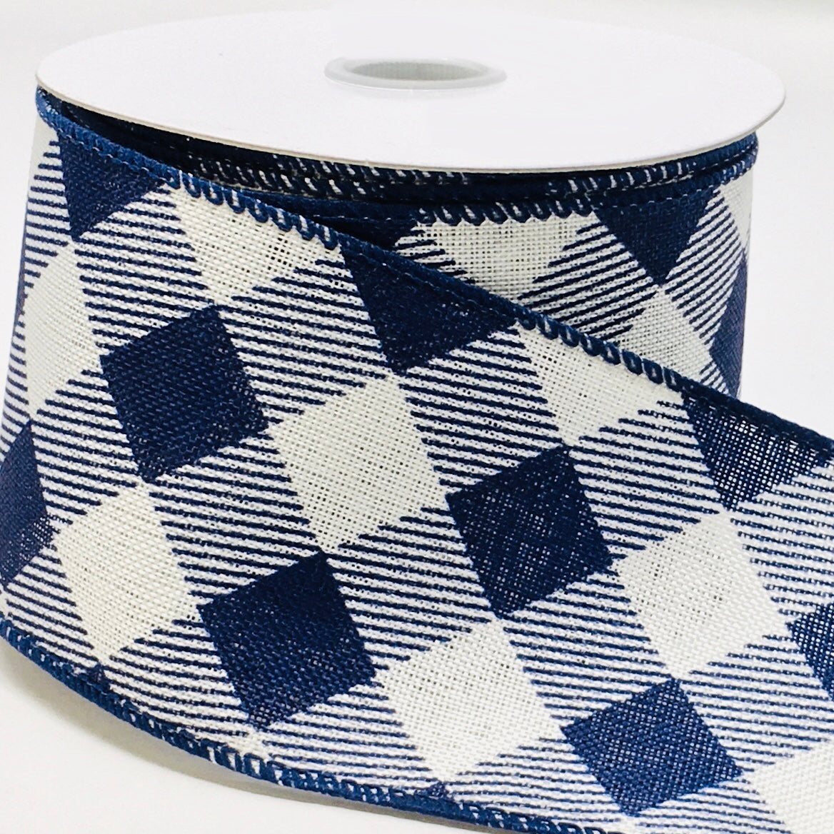 10 Yards - 2.5" Wired Navy Blue and Cream Cross Check Ribbon