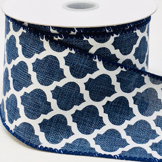 10 Yards - 2.5" Wired Navy Blue and White Quatrefoil Ribbon