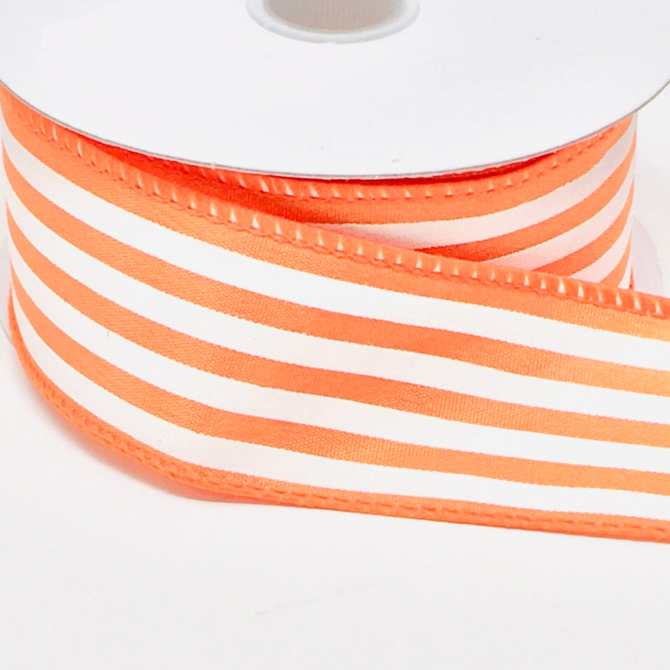 10 Yards - 1.5” Wired Orange and White Stripe Ribbon