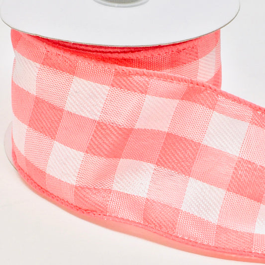 10 Yards - 2.5” Wired Coral and White Check Ribbon