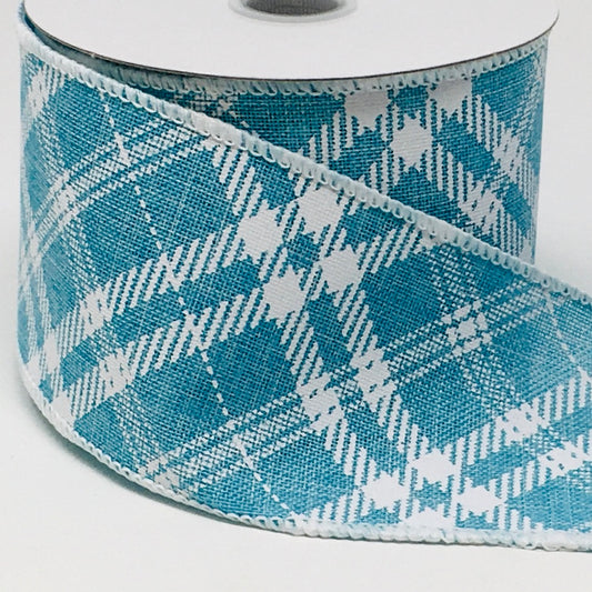 10 Yards - 2.5" Wired Blue and White Cross Plaid Ribbon