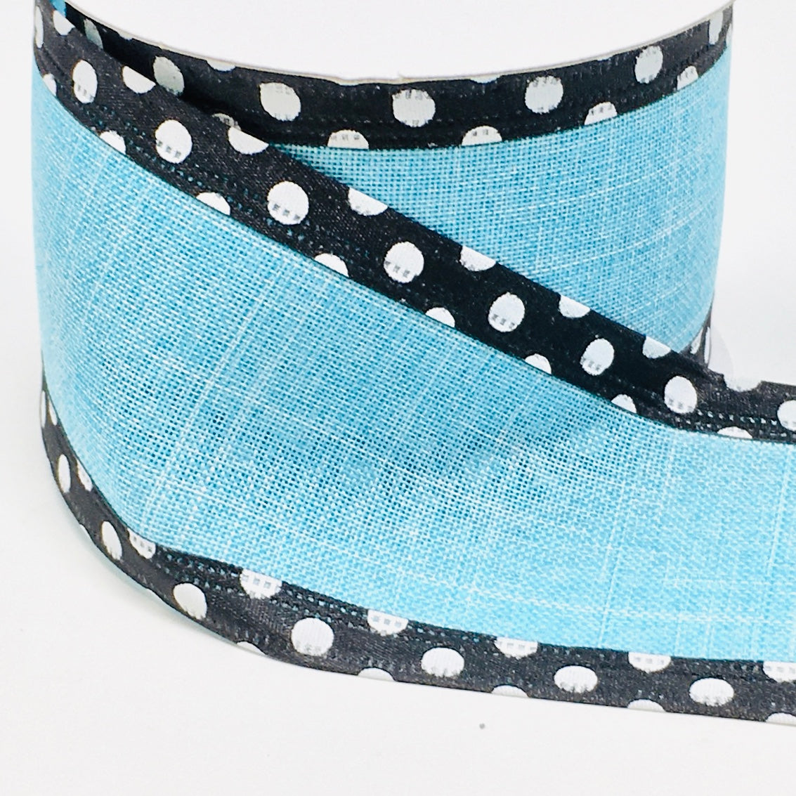 10 Yards - 2.5" Wired Blue Ribbon with Black and White Polka Dot Edge