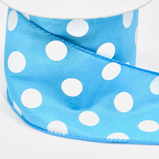 10 Yards - 2.5" Wired Turquoise Blue and White Satin Polka Dot Ribbon