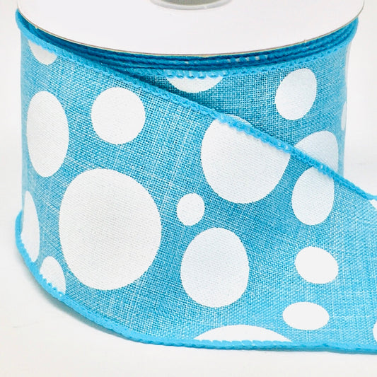 10 Yards - 2.5" Wired Blue and White Polka Dot Ribbon