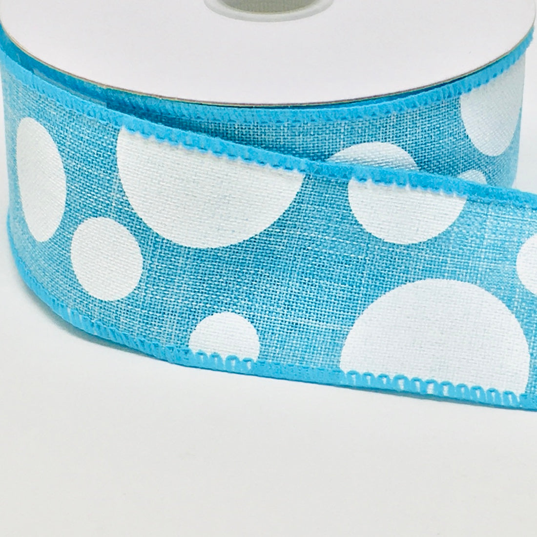 10 Yards - 1.5" Wired Blue and White Polka Dot Ribbon