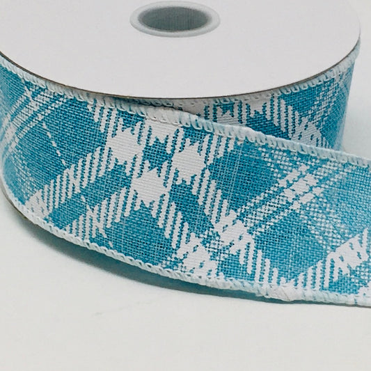 10 Yards - 1.5" Wired Blue and White Cross Plaid Ribbon