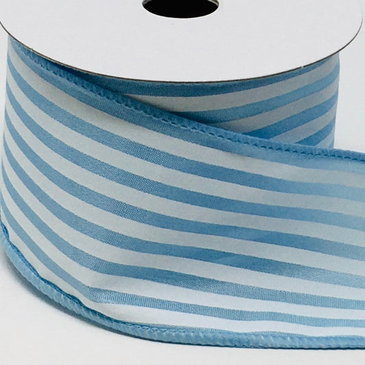 10 Yards - 2.5” Wired Satin Baby Blue and White Stripe Ribbon