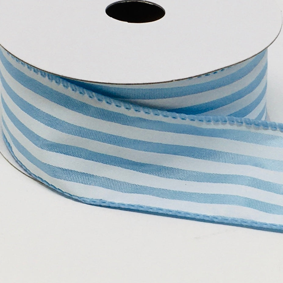 10 Yards - 1.5” Wired Satin Baby Blue and White Stripe Ribbon